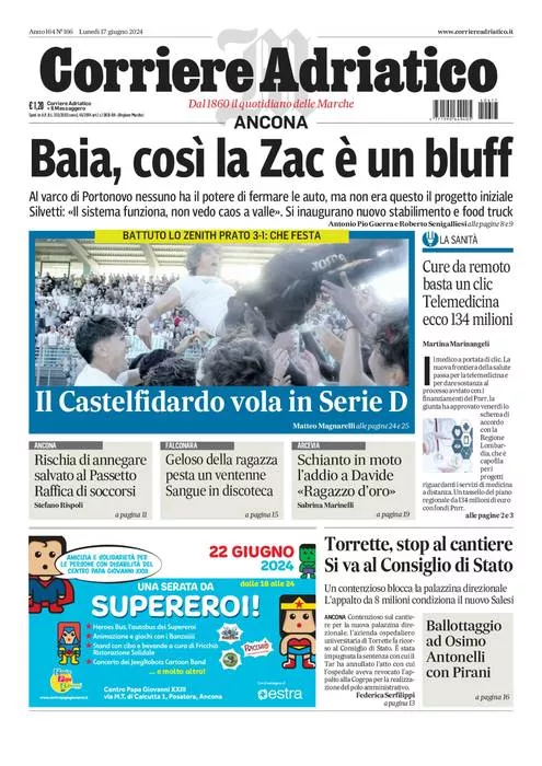 Prima-pagina-corriere adriatico-edizione-di-oggi-17-06-2024